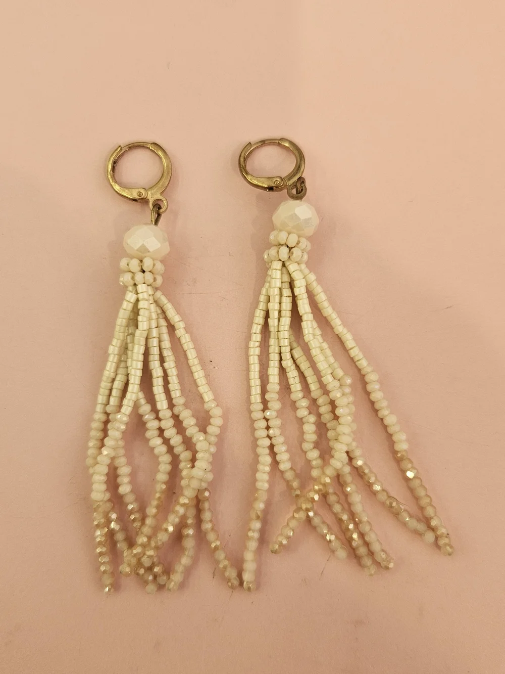 Handmade Cream Beaded Tassel Earrings - Unbranded
